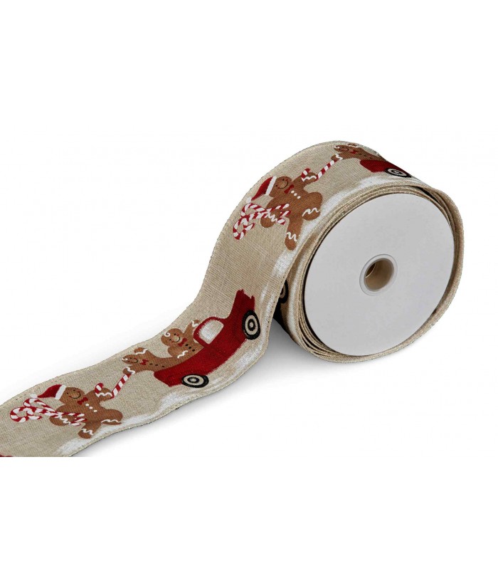 910cm Christmas Ribbon Roll with Car Gingerbread Men Pattern 