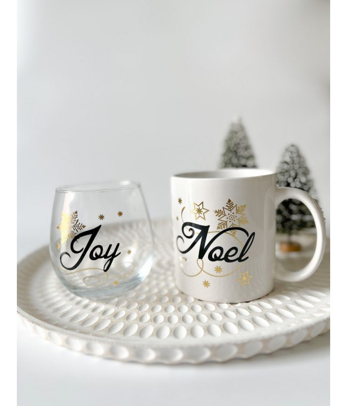  JOY & NOEL WINE GLASS COFFEE MUG GIFT SET
