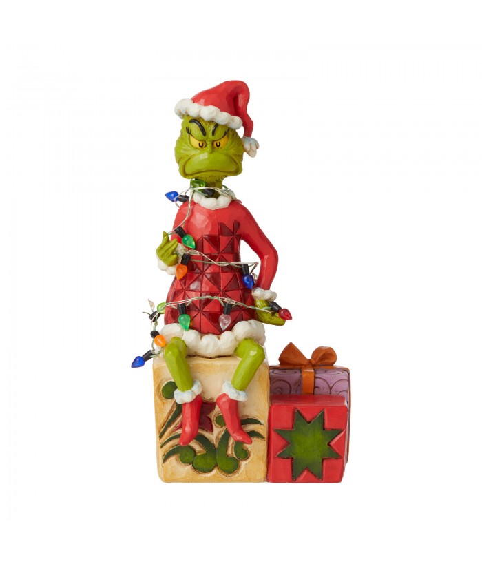 Grinch by Jim Shore -  GRINCH ON PRESENT WRAPPED IN LIGHT, 19cm