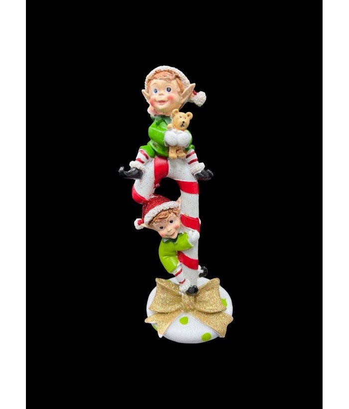 Resin Elves Sitting Climbing on Candy Cane 25cm