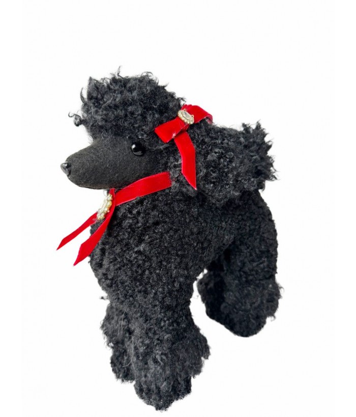 BLACK POODLE STANDING WITH RED COLLAR