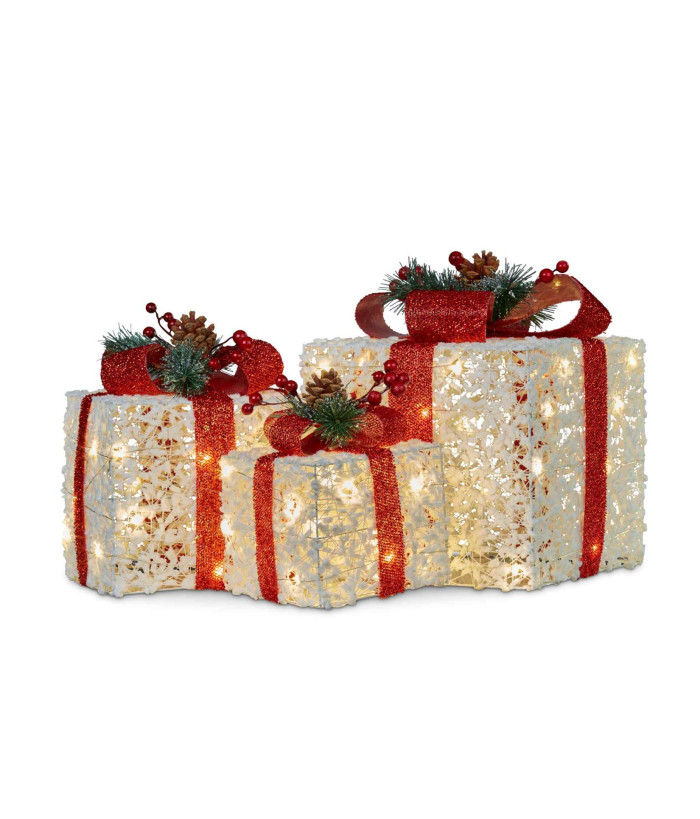 WHITE CHRISTMAS GIFT BOXES WITH LED AND RED BOWS (3 PIECES)