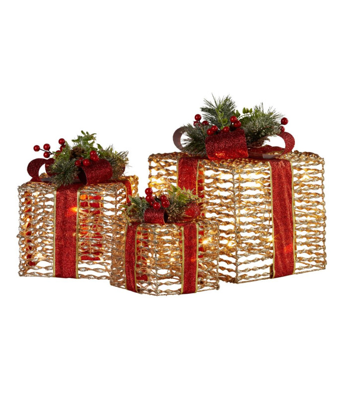 CHRISTMAS GIFT BOXES WITH LED AND RED BOWS (3 PIECES)