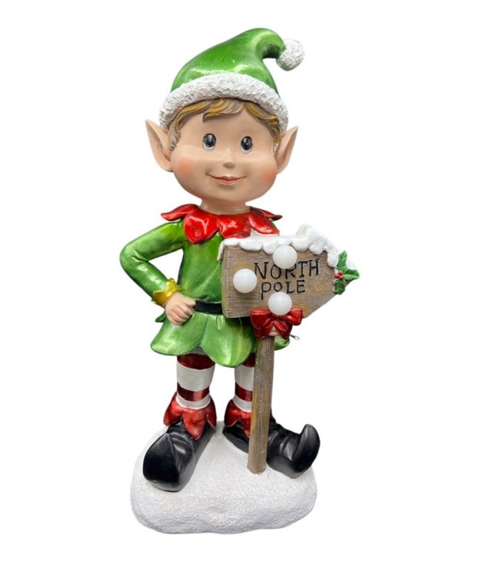 RESIN LED ELF WITH SIGN "NORTH POLE" 40cm