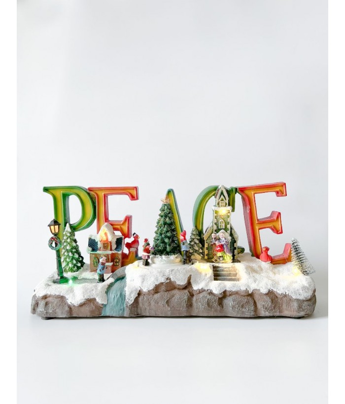 VILLAGES - LED MUSICAL PEACE SGIN WITH SPINNING CHRISTMAS TREE 38X18CM
