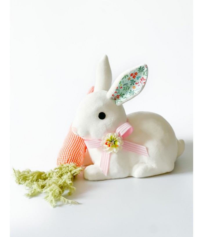 BLUE FLORAL SITTING BUNNY CARROT, 30cm
