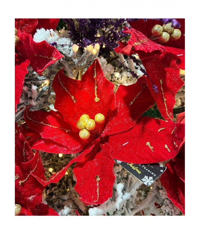 Red poinsettia with red glitter detail, Stem length 65cm