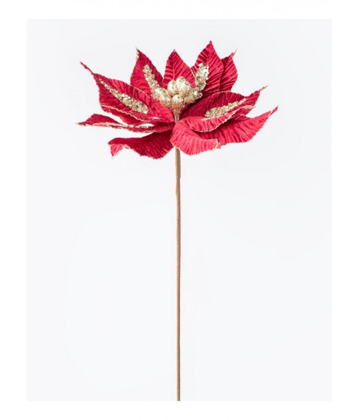 POINSETTIA STEM BURGUNDY GOLD - Luxury poinsettia in deep christmas red features golden trim and berry detail. 