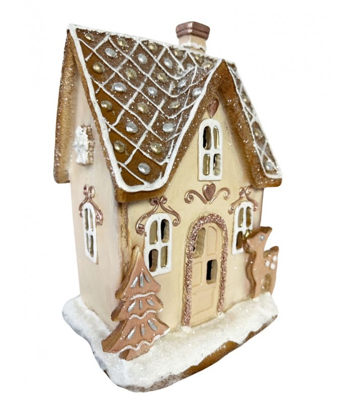 HOUSE 3 PINK GINGERBREAD WITH LED LIGHTS 22CM