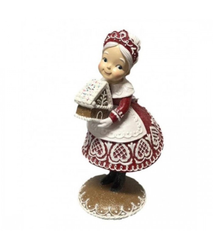 MRS CLAUS WITH GINGERBREAD HOUSE, RED, 33cm