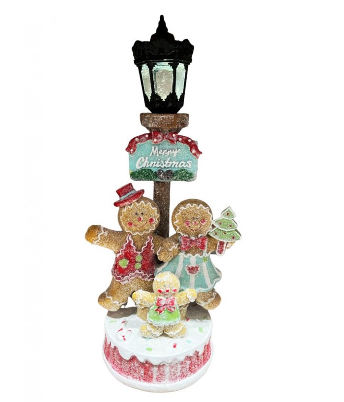 GINGERBREAD FAMILY UNDER LAMPPOST & SIGN OF " MERRY CHRISTMAS, 36.5CM