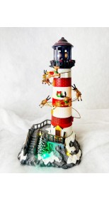 CHRISTMAS HOLIDAY LIGHTHOUSE WITH SANTA RIDING ON SLEIGH