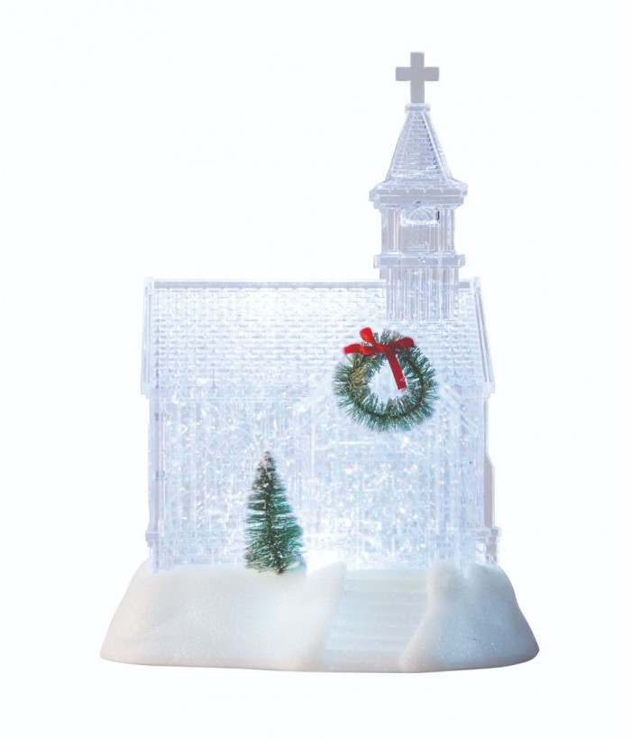 White Glitter Swirl Musical Church Shaped Lantern with LED Glow