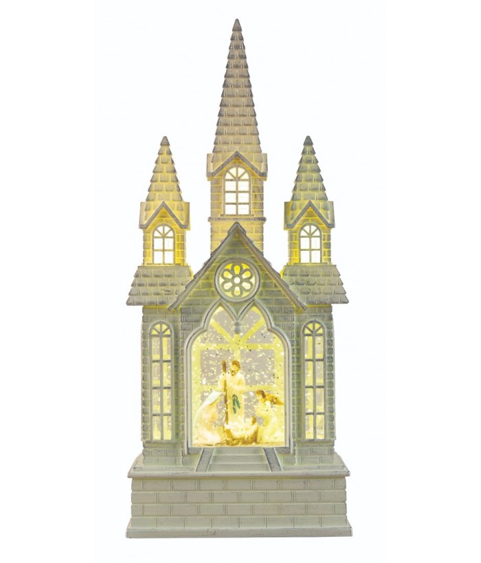 WHITE GLITTER SWIRL MUSICAL CHAPEL SHAPED LANTERN WITH CHRISTMAS MUSIC