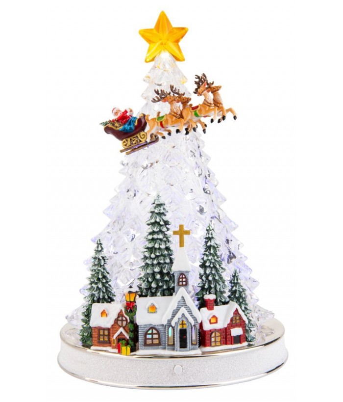CRYSTAL CHRISTMAS TREE VILLAGE & SANTA RIDING SLEIGH WITH LED MUSICAL 