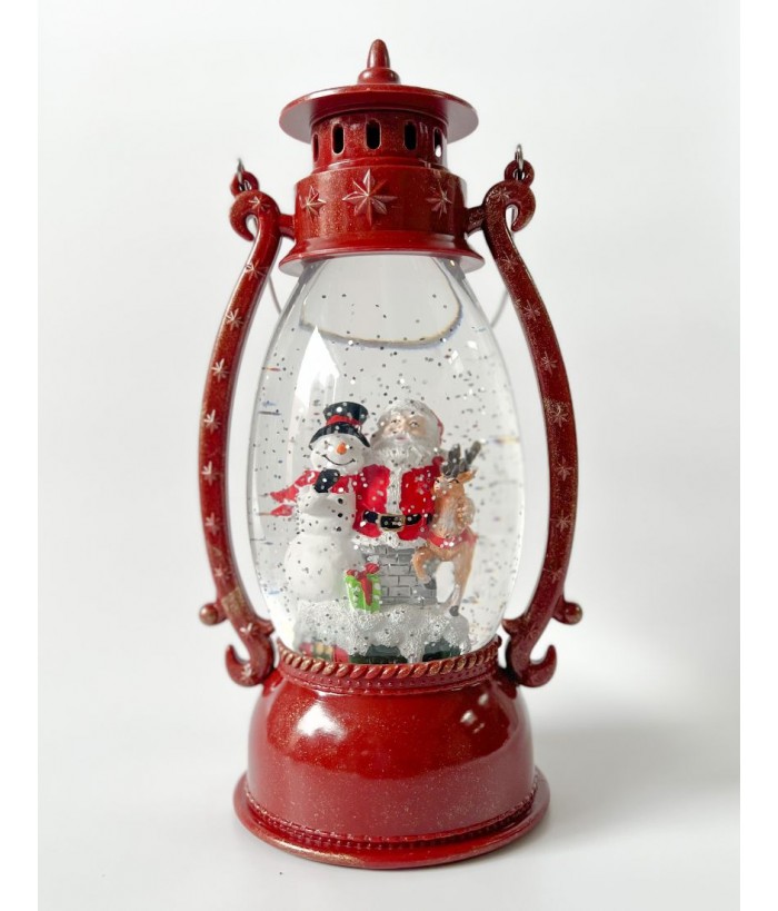 RED LED WATER-SPINNING LANTERN WITH SANTA AND SNOWMAN