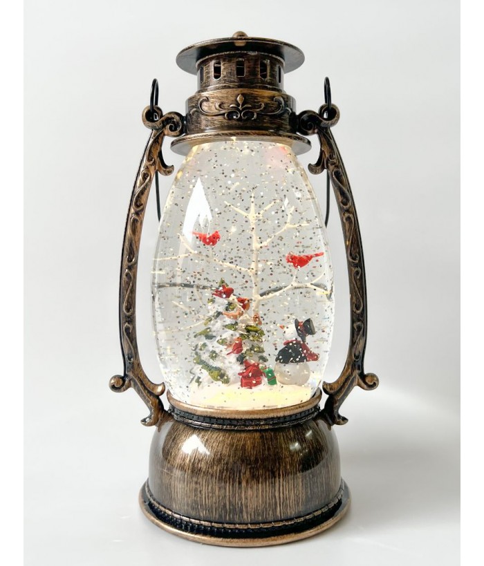 BRASS OVAL LANTERN WITH SNOWMAN AND RED BIRD