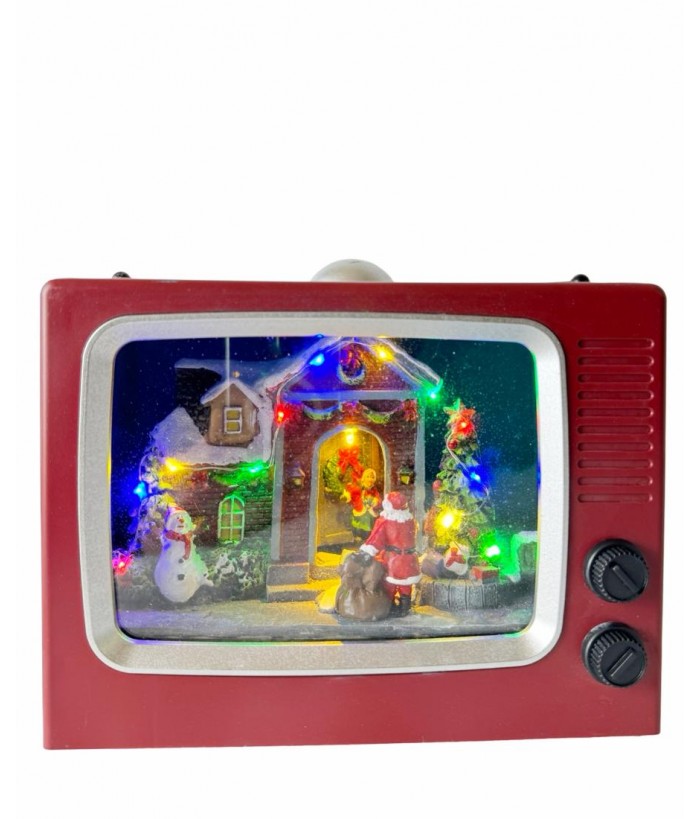 SANTA COMES IN TOWN SCENE  -  TV Set Shaped Lantern with Christmas Music & LED Glow