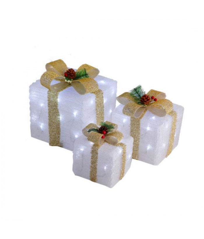 SISAL PRESENT SET OF 3 WITH WARM WITH LEDs & GOLD RIBBON