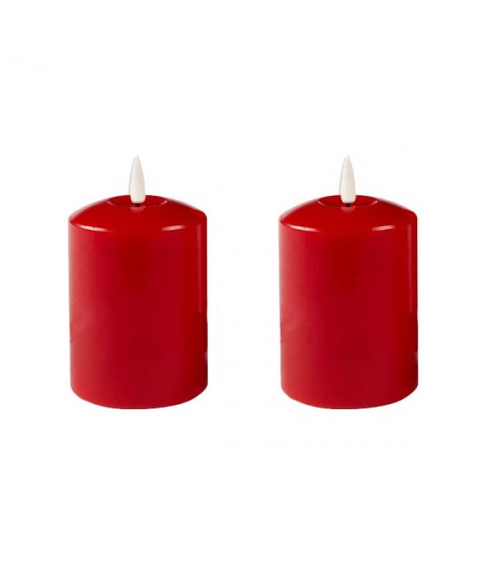 Set of 2 LED Red Wax Pillar Candles H13.5cm 