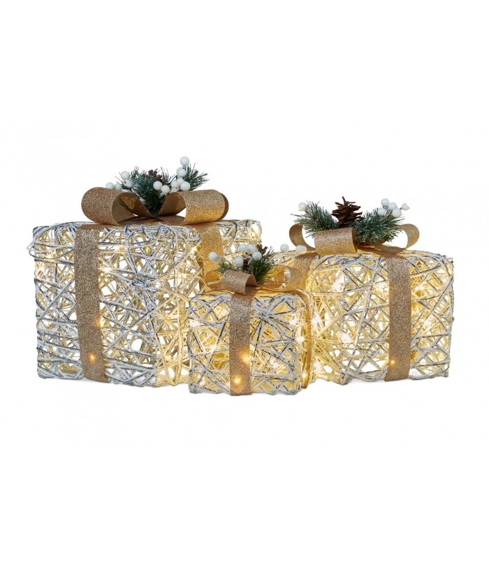 CHRISTMAS GIFT BOXES WITH HESSIAN BOWS & LIGHTS (SET OF 3)