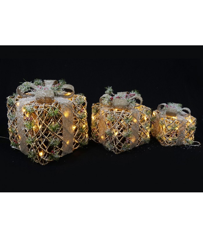 SNOWY PINE BERRY PRESENTS WITH LED LIGHTS ( SET OF 3 PIECES)