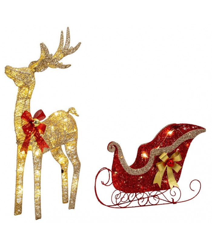 LED RED & GOLD REINDEER SLEIGH TWINKLE,150cm