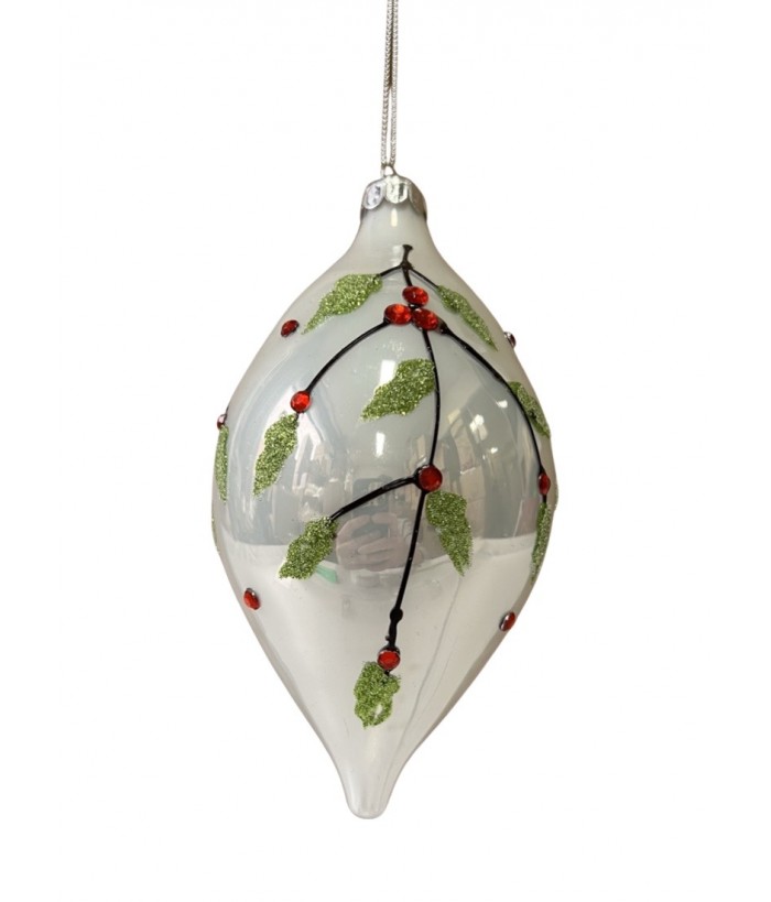 WHITE LONG DROP HOLLY BRANCH HANGING 15CM