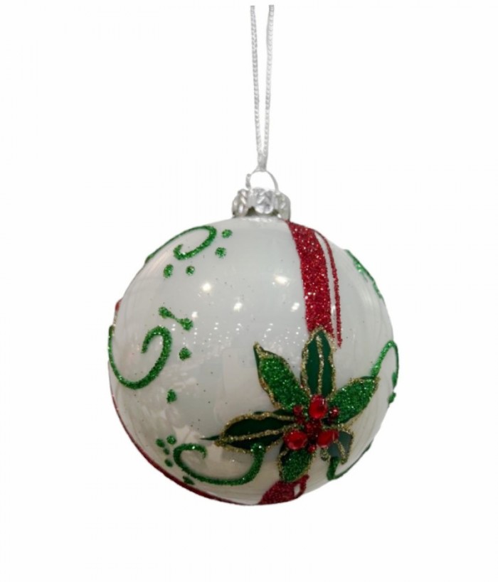 WHITE HOLLY RED SWIRL BALL HANGING
