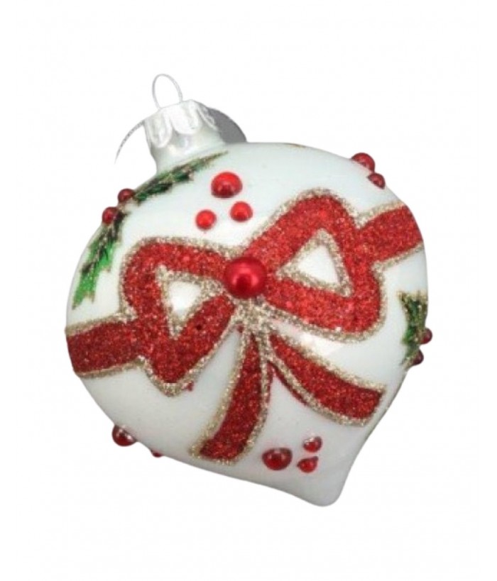 WHITE DROP RED BOW ORNAMENT