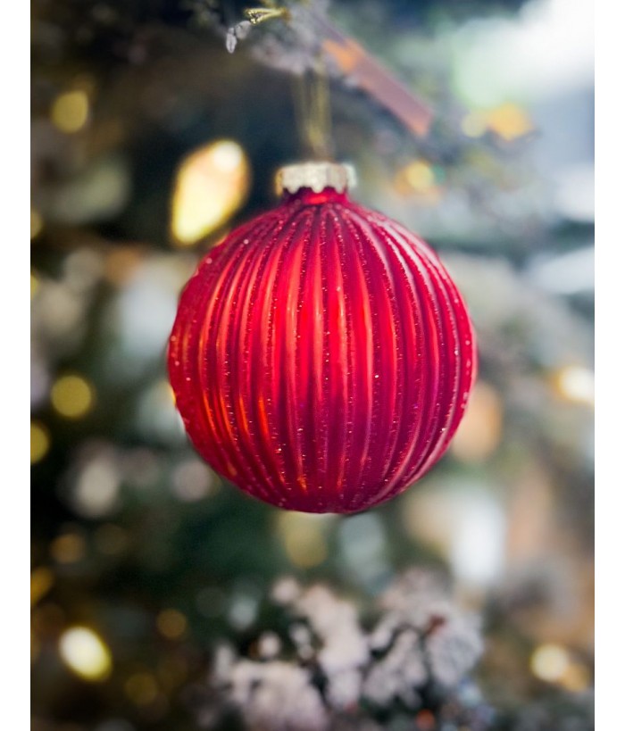 RED STRIPED BALL HANGING 8cm