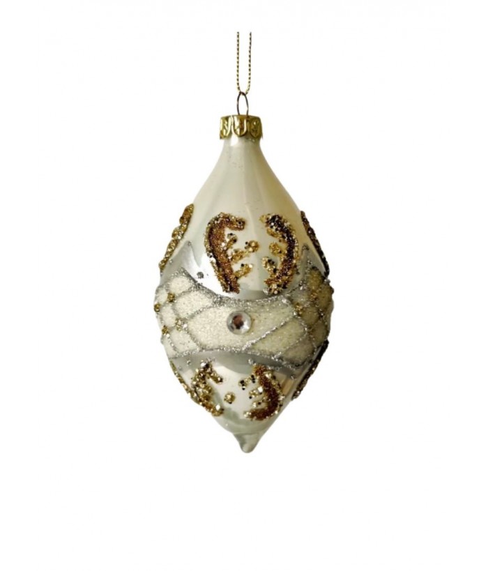 White Long Drop Ornament, Silver Enamel & Gold Beads