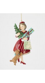 ORNAMENT - SHOPPING GIRL WITH HER DOG, RED 14.5CM 