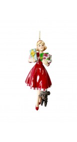 ORNAMENT - GIFTING GIRL WITH HER DOG, RED 14.5CM 
