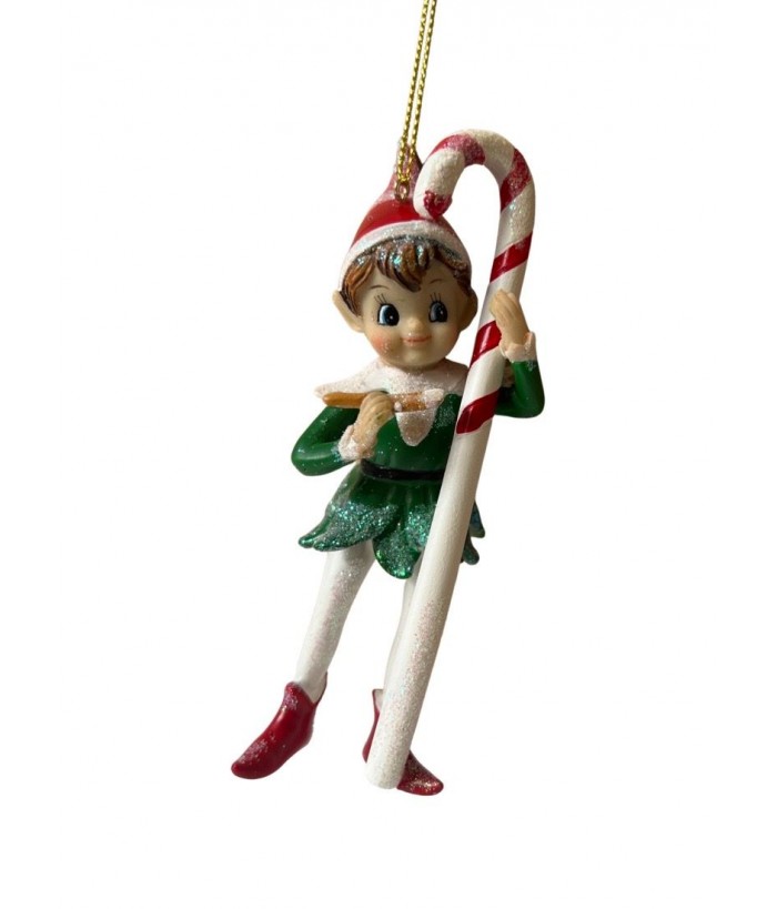 LEGACY ELF WITH CANDY CANE ORNAMENT 12CM