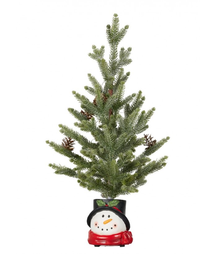 TABLE TOP CHRISTMAS TREE WITH LIGHTS AND SNOWMAN POT 55cmH