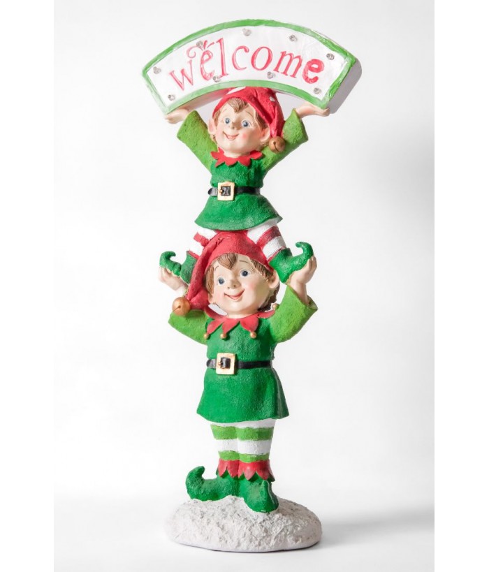 TWIN ELVES WITH WELCOME SIGN LED LIGHT-UP 63CM