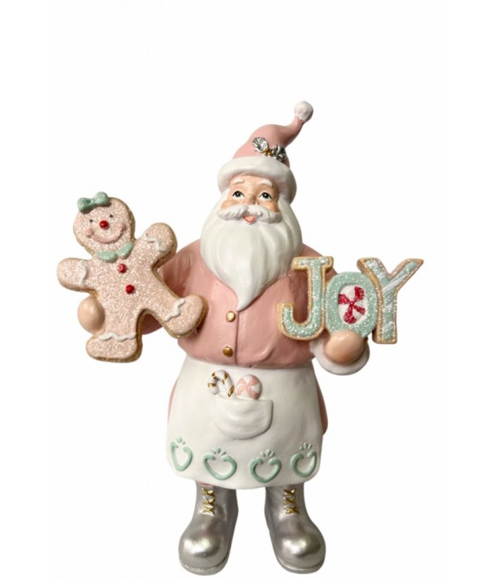 SANTA IN PINK WITH GINGERBREAD & "JOY"SIGN, 34CM