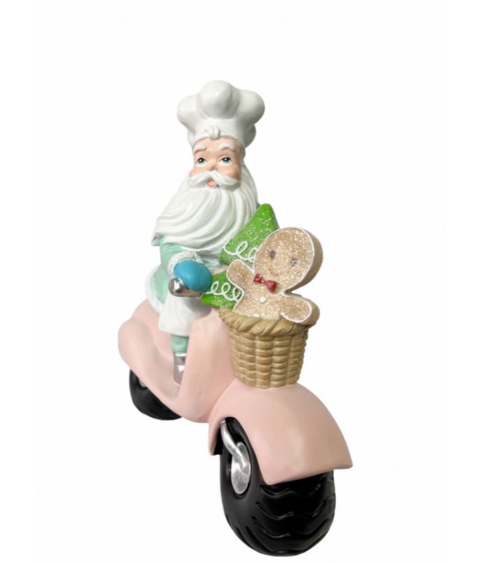 PALE GREEN SANTA ON A MOTORBIKE WITH GINGERBREAD, 25CM